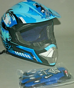 Casco de moto de cross juvenil DOT con guantes T-Rex azul talla grande para deportes de motor - Imagen 1 de 7