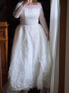 Vintage 50s Wedding Dress White Lace Princess M Head Piece - Picture 1 of 24