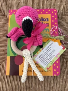 New Baby Crib Toy - Handmade Crochet Flamingo Rattle Toy and Book Shower Gift - Picture 1 of 9
