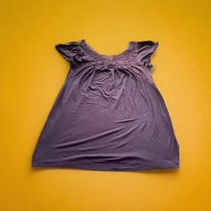Lidschatten Kurzarm T-Shirt lila Damen Größe Large fließend Blumen offener Ausschnitt - Bild 1 von 5