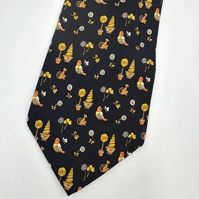Corbata Salvatore Ferragamo para hombre seda negra dorada jardín ardilla pájaro Italia lujo Foto 1 de 4