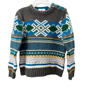Hanna Andersson Sweater 100 US 4 Nordic Fair Isle Ski Sweater Blue Gray Pullover - Picture 1 of 5
