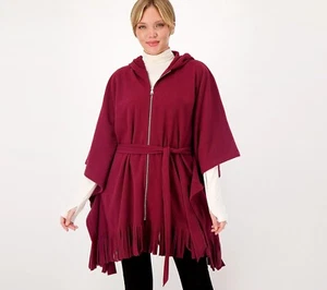 Susan Graver Weekend Fleece Hooded Poncho w Fringe - Wine (XXS) a522820 -- - Picture 1 of 3