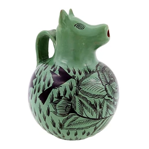 Mexican Burnished Clay Pottery Pitcher Colima Dog Vase Green Elena Felipe Felix - Picture 1 of 7