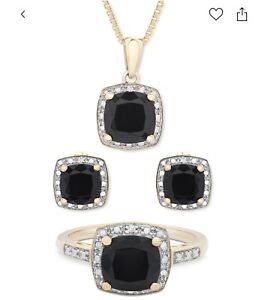 Macys  3-Pc Set Onyx &Diamond Accent Pendant Necklace,Ring &Studs 14K GoldOver S