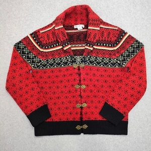 Susan Bristol Cardigan Sweater L Nordic Fair Isle Red Black Wool Clasp Shawl - Picture 1 of 9