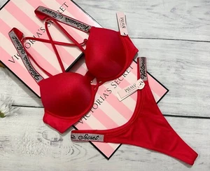Victoria's Secret Logo Shine Strap Swim Bombshell Add-2-cups Thong Set Red - Picture 1 of 11