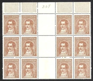 Argentina 1942-50 Moreno 5c Yel Brown #427 Top margin GUTTER BLOCK VF-NH HiCV - Picture 1 of 2