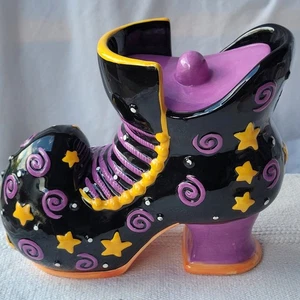 Vintage 90’s Pottery Ceramic Hand Painted Halloween Witch Shoe Cookie/Candy  Jar - Picture 1 of 15