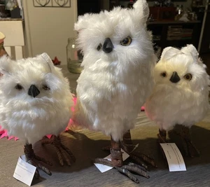 SET OF 3 WHITE FURRY OWL Mom & 2 BABIES DECORATIONS - NEW - Picture 1 of 13