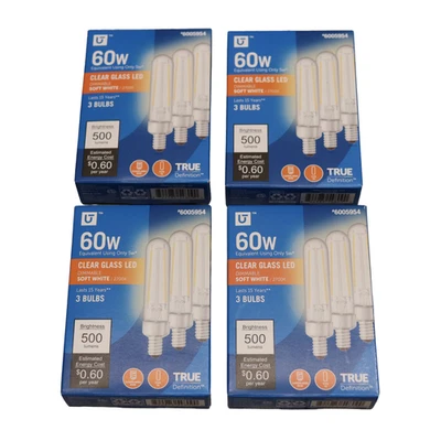 12 Piece 60W Dimmable Clear Glass LED Light Bulbs, Soft White T6 Candelabra Base - Image 1 of 4
