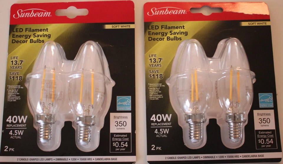 4 X 2pk Sunbeam 4w/40watt LED Dimmable Decorative Candelabra E12 Base Bulb