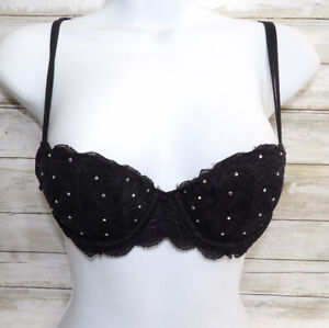 PINK Victoria's Secret Push Up Bra Black Glam Bling SEXY Size 32A Padded Plunge