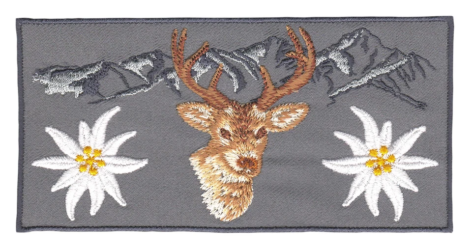 ap54★Alpen Edelweiß Hirsch Aufnäher Grau Tracht Bügelbild Patch Neu 13 x 6,5 cm - Bild 1 von 1