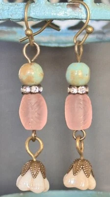Lovely Bronze, Ivory Bellflower, Rhinestone, Green and Pale Pink Bead Earrings. - Image 1 of 3