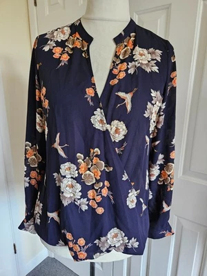Navy, Orange & Ivory Floral & Bird Print, Drape/Wrap Front, Sheer Blouse - M/L - Image 1 of 4