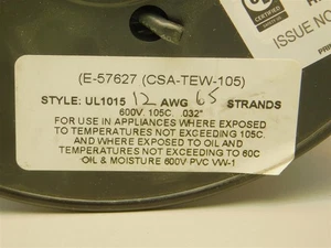250ft UL1015 / UL15-6530U0 12AWG 65Strand 600V 105°C .032" PVC Hookup Wire Black - Picture 1 of 3