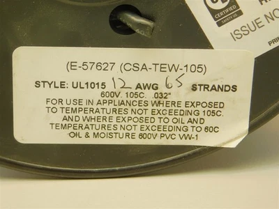 Cable de conexión de PVC negro 250 ft UL1015 / UL15-6530U0 12AWG 65 hebras 600 V 105 ° C .032" Foto 1 de 3