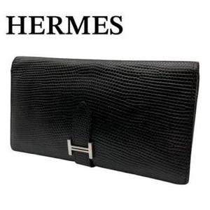 HERMES Bearn Classic Lizard H Engraved Long Bi-fold Wallet Rare Limited Bag USED - Picture 1 of 9