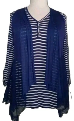 NWT TRUE SELF Womens XL 2Fer Stripes Lace Overlay Nautical Long Sleeve Top Navy  - Image 1 of 4