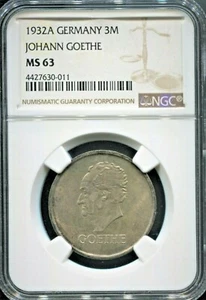 GERMANY-FANTASTIC CENTENNARY GOETHE DEATH 3 REICHSMARK, 1932 A, PCGS GRADED MS63 - Picture 1 of 2