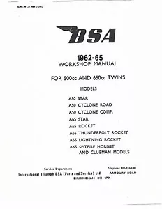 BSA workshop service manual 1962, 1963, 1964 & 1965 A50 Cyclone Competition - Picture 1 of 8