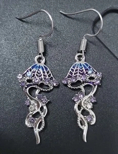 Silver Jellyfish Earrings - Purple Amethyst Crystals - Jelly Fish Jewellery - Picture 1 of 6