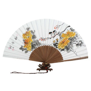 Hand Painted Folding Paper Yellow Flower Painting Wall Bamboo Handheld Art Fan 