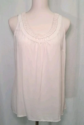 Halogen Size M Cream/Lt Beige 100% Silk Sleeveless Top Blouse Ruffled Scoop Neck - Image 1 of 4