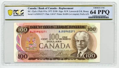 1975 $100 Canada, BC-52bA-i, AJX REPLACEMENT - Choice UNC, PCGS MS64 PPQ - Image 1 of 2