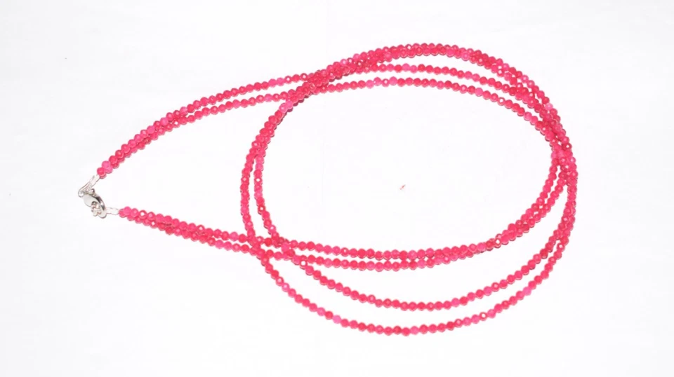 天然红色红宝石宝石 2.5 毫米刻面珠 925 银 30 英寸 2 层项链 — 第 1/4 张图片