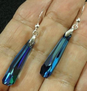 Avilagems Crystalactite Swarovski Crystal Blue .925 Sterling Silver Earrings 2" - Picture 1 of 3