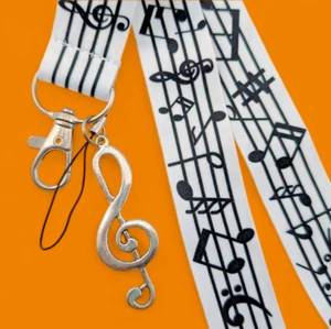 MUSIC NOTES LANYARD w treble clef charm band teacher ID key ring neck strap Y2 - Picture 1 of 4