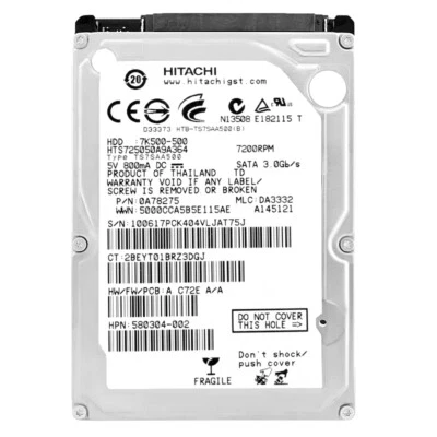 Disk Hitachi 500Gb HTS725050A9A364 16Mb Cache 7200Rpm SATA II 2,5 " Pollici - Immagine 1 di 4