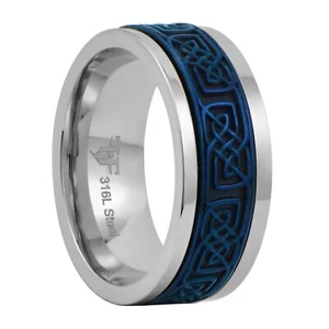 Blue Celtic Spinner Ring Mens Womens Stainless Steel Wedding Band Sizes 3-17 - Picture 1 of 7