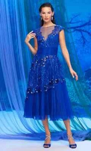 Tadashi Shoji CDU24414MD Embroidered Detail Cap Sleeve Midi Dress SZ:8 $650 NWT - Picture 1 of 9