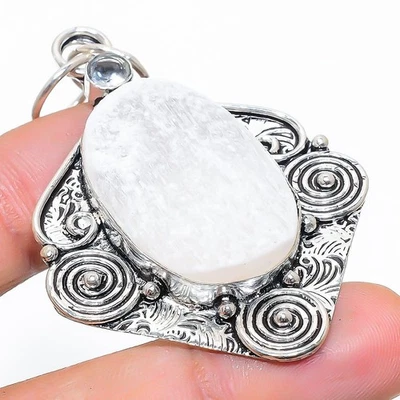 Selenite, pietra preziosa topazio bianco 925 ciondolo gioiello in argento ste... - Immagine 1 di 4