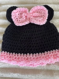 Crochet Mickey Beanie With Ears Black With Pink Bow - Handmade Kids Size - Picture 1 of 7