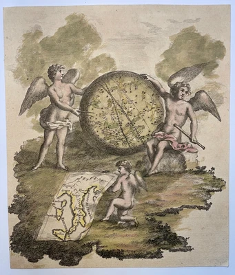 ITALIA Y ESFERA CELESTE SIGLO XVIII VISTA GRABADA ANTIGUA Foto 1 de 3