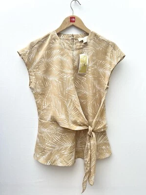 Michael Kors Palm Print Wrap Tie Blouse Beige Tan Sleeveless Top Womens XS - Image 1 of 4