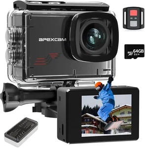 Apexcam 4K Action Camera 48MP WiFi, 64GB Card, Waterproof, Zoom, Remote, Mounts - Picture 1 of 8