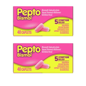2 Pack Pepto Bismol Caplets for Upset Stomach & Diarrhea Relief, total 80 Ct - Picture 1 of 9