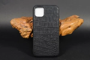 I PHONE CASE COVER GENUINE ALLIGATOR SKIN BLACK MATTE HANDMADE SPAIN MA LEATHER - Picture 1 of 5