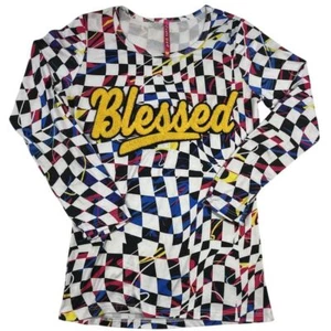 Girls Blessed Top Long Sleeve Checkered Graphic Print Shirt - Picture 1 of 9
