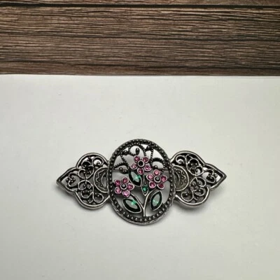 Broche prendedor 1928 estrás y esmalte tono plata y flores rosas Foto 1 de 4