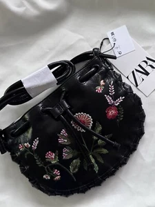 Zara Black Leather Mini Cowboy Floral Embroidered Bucket Bag Bloggers Fave - Picture 1 of 7