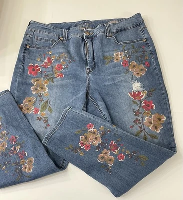 Pantalones de mezclilla cortos MELISSA MCCARTHY Seven para mujer pintados florales ajustados elásticos con puños 22 W Foto 1 de 4
