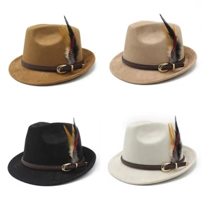 Classic Panama Jazz Top Hat Short Brim Trilby Hat Fedora Hat with Feather - Picture 1 of 17