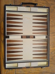 Vintage Backgammon Travel Board/Case Game Brown Faux Leather & Fabric Padded  - Picture 1 of 7