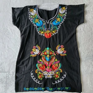 Mexican Embroidered Blouse Womens Large Tunic Traditional Cotton Colorful Happy - Picture 1 of 11
